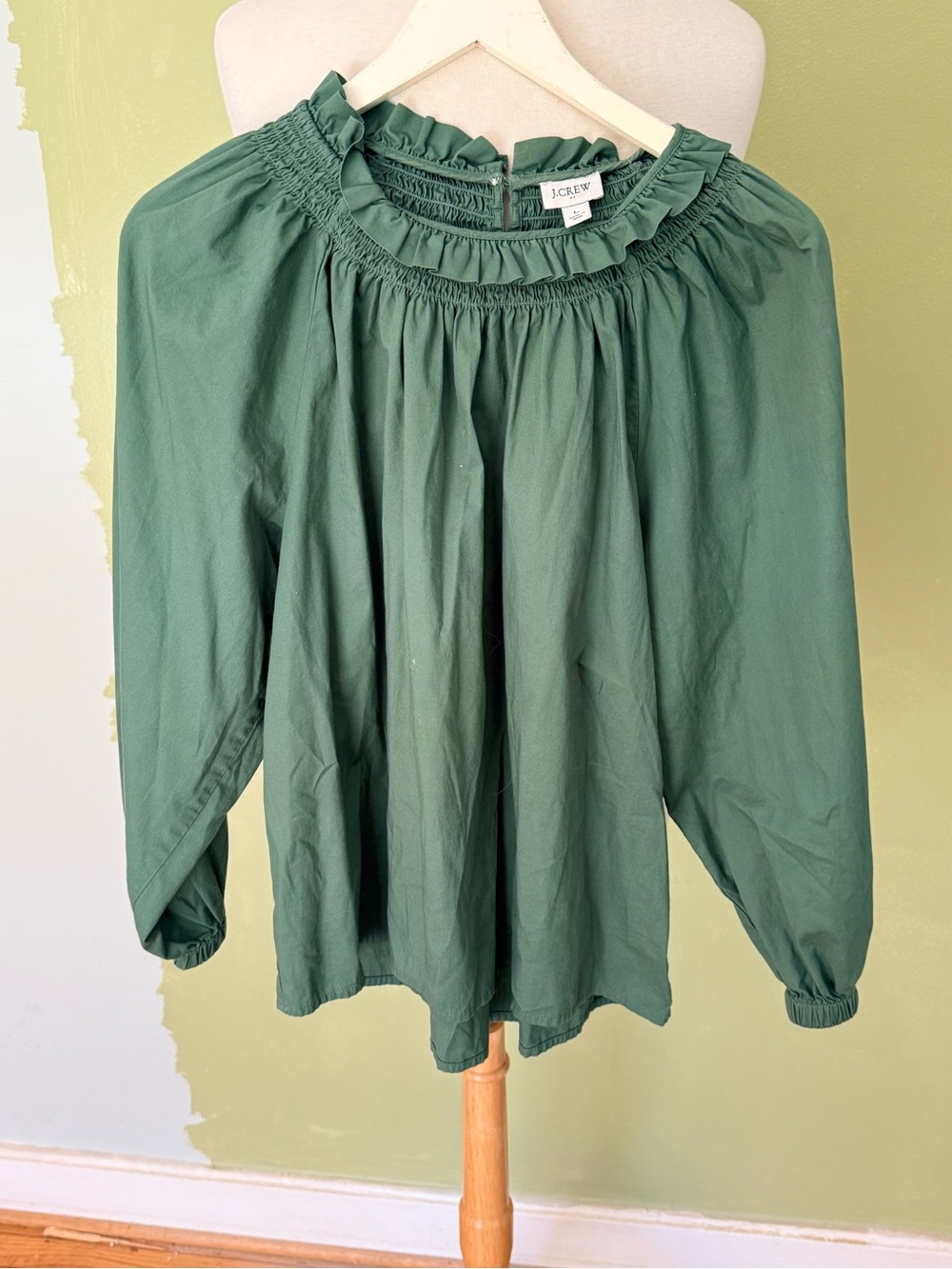 J. Crew Cotton Green Ruffled Smocked-Neck Blouse